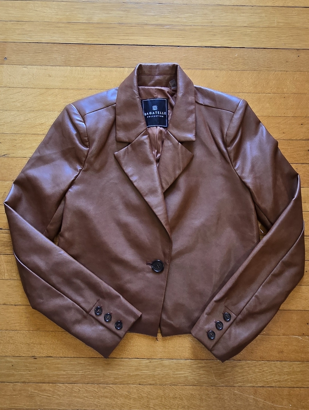 Bagatelle Collection, Faux Leather Cropped Blazer, Brown, EUC, Women's XS